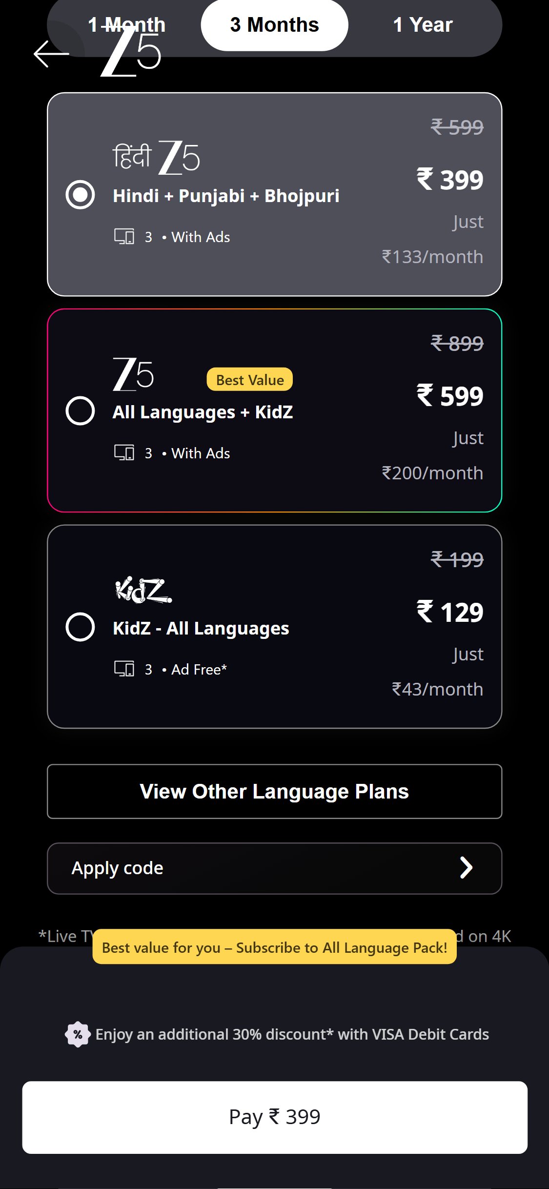 Zee5 — Subscribe Page