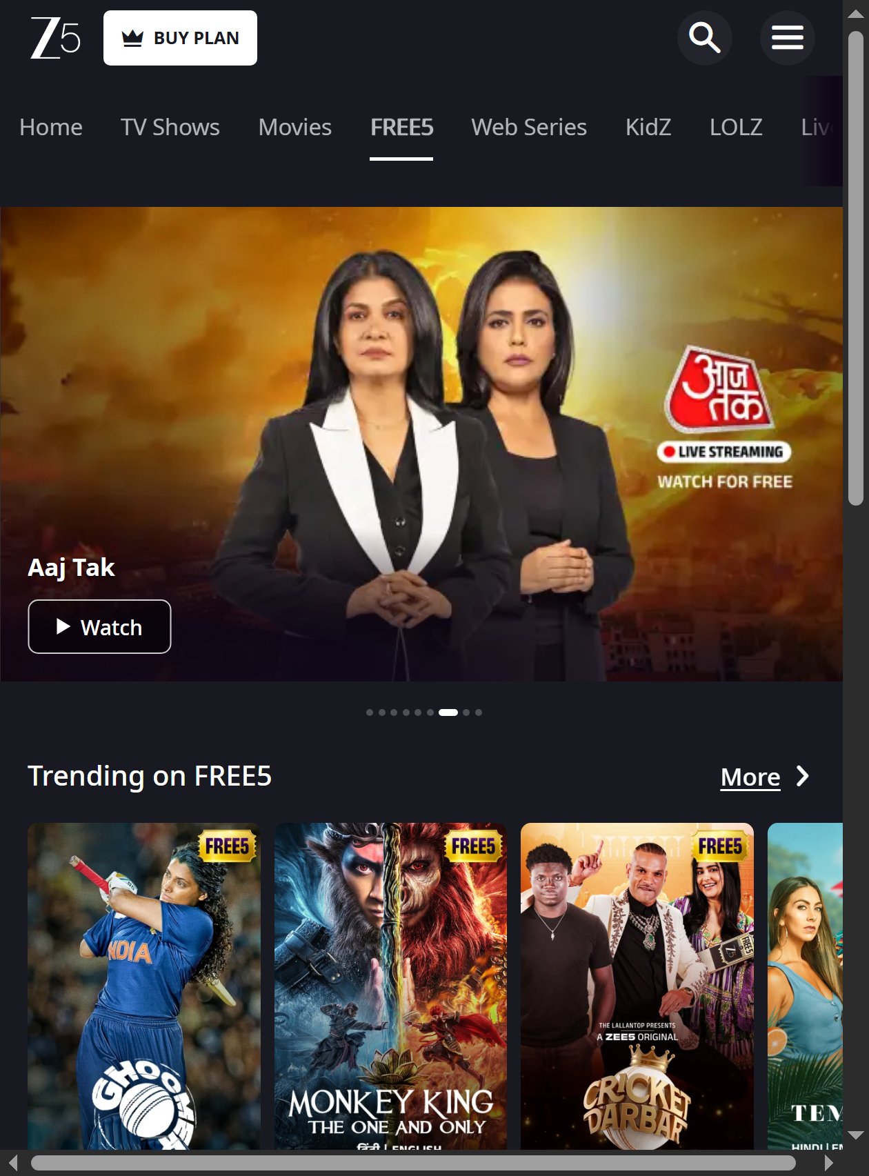 Zee5 — Browse Page